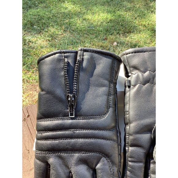 Mens Black Leather Gloves Zipper Quilted Motorcycle Biker Style Warm Winter - Picture 3 of 4